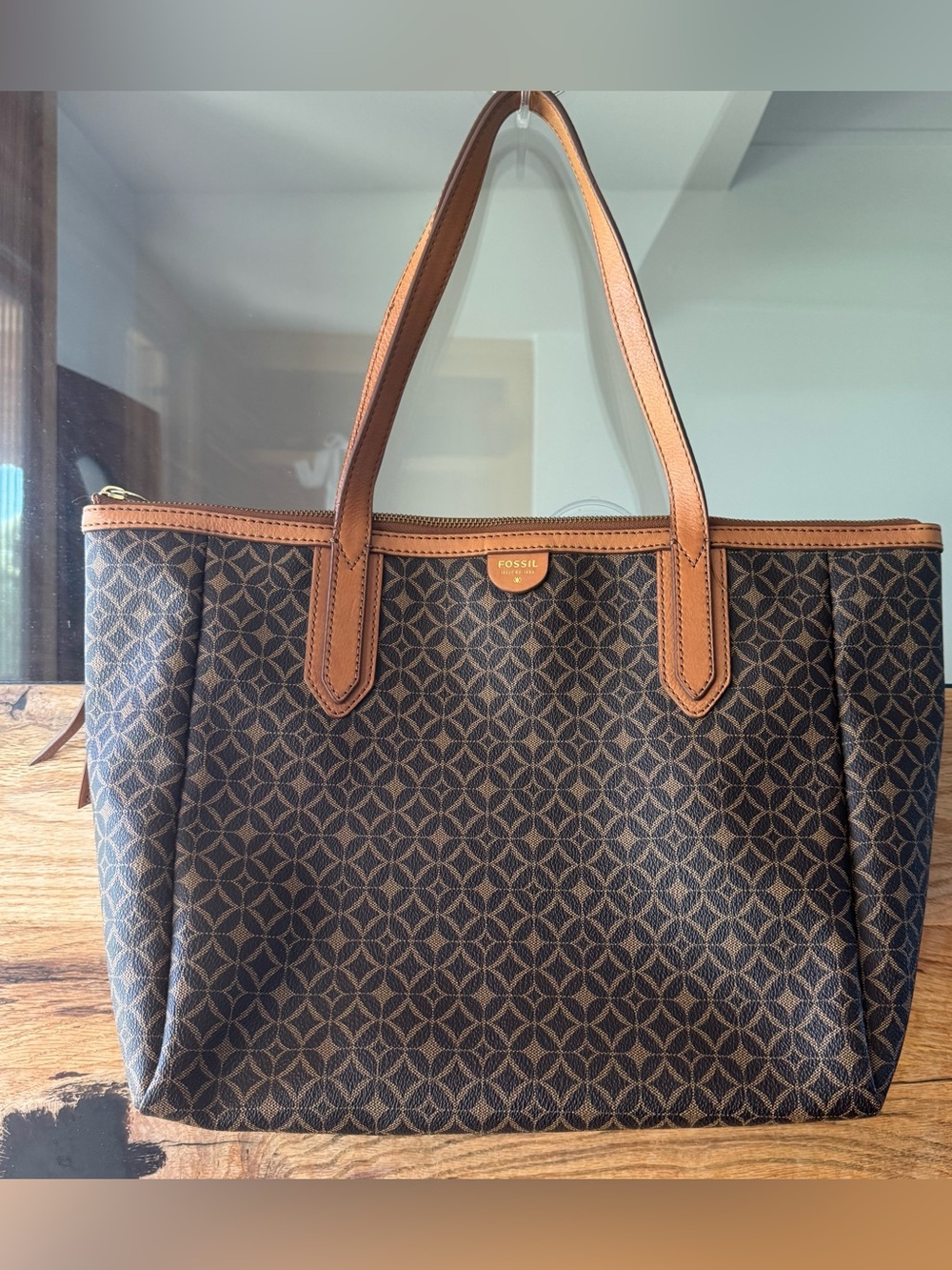 Fossil Sydney Shopper Tote Brown Signature Coated Canvas Zip Top Shoulder Bag